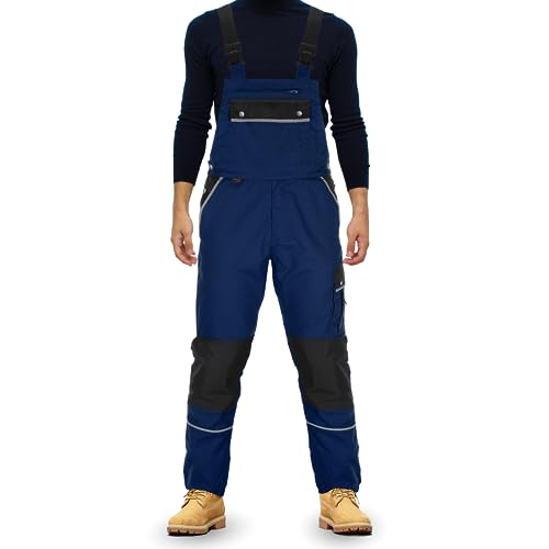 TMG® | Lange Arbeitslatzhose Herren, Latzhose mit Kniepolstertaschen Cordura, Arbeitshose mit viel Stauraum | Navy 46