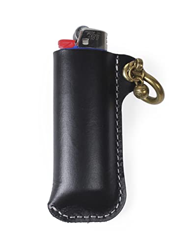 HUMWE Leather Lighter Case Holder For BIC Standard Size Lighters Sleeve Cover Genuine Leather Case Pouch With Metal Horseshoe Shackles for Keychain pendant (Black, Standard)