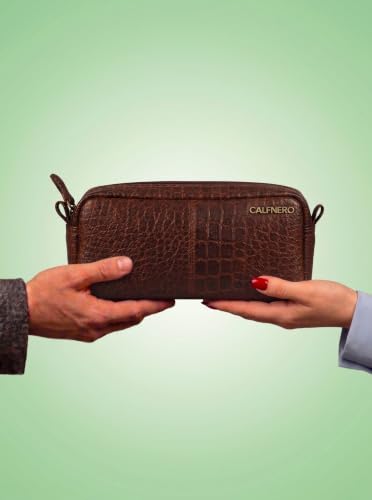 Image of Calfnero Genuine Leather Toiletry Bag for Men & Women | Premium Leather Travel-Pouch | Toiletry Organizer | Cosmetic & Shaving Kit Bag | Unisex Travel Dopp Kit (Cognac-Croco)