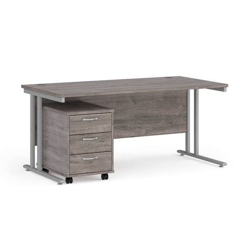 Office Monster Cooper straight desk 1600mm x 800mm with silver cantilever frame and 3 drawer pedestal - grey oak
