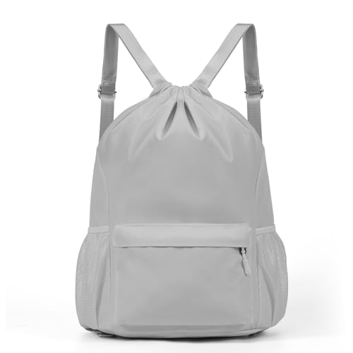 MIOUZIMEO Drawstring Backpack Sports Gym Bag with Water-Resistant Large Capacity String Swim Backpack Side Mesh Pocket for Men Women ?Grey