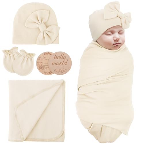 Image of AQOKKA Newborn Receiving Blanket with Bow Hat Mittens Wooden Card Set Newborns Toddler Baby Boy Girl Nursery Swaddle Wrap