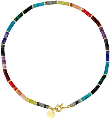 shownii Mother's Day Gift for Mom Boho Beaded Choker Necklace for Women,Gemstone Necklace Natural Stone 14K Gold Plated Handmade Necklace Jewelry Gift