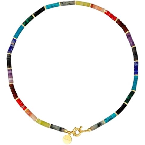 shownii Boho Beaded Choker Necklace for Women,Gemstone Necklace Natural Stone 14K Gold Plated Handmade Necklace Jewelry Gift (Mix-color Nature Stone) Cover