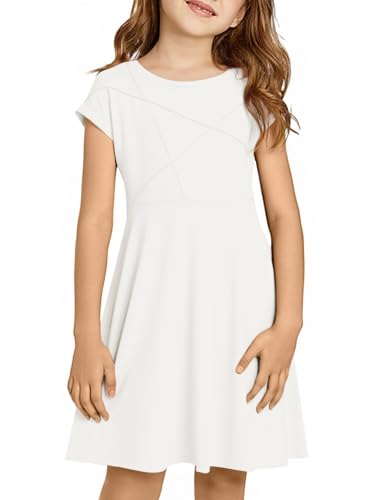 Haloumoning Girls Summer Short Sleeve Dresses Kids Pleated Skater Twirl A Line Dress with Pockets 5-14 Years