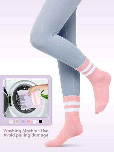 6 Pairs Pilates Socks with Grips for Women Non Slip Yoga Athletic Crew Socks for Barre Ballet Dance Workout Hospital4