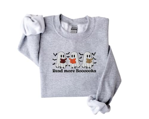 Halloween Read More Books Ghost Sweatshirt, Embroidered Bookish Crewneck, Cozy Fall Teacher Sweater, Cute Reading Gift for Librarians Multi