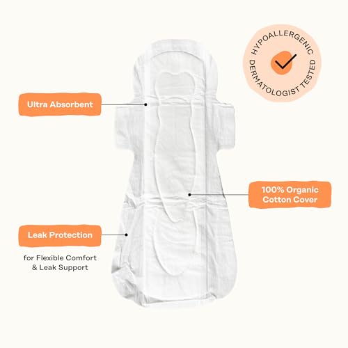 Image of The Honey Pot Company - Cotton Comfort - Overnight Incontinence Pads | Organic Cotton Cover w /Wings - Bladder Leak Control - No Fragrance, Ultra-Absorbent Pulp Core - Feminine Care - 64ct