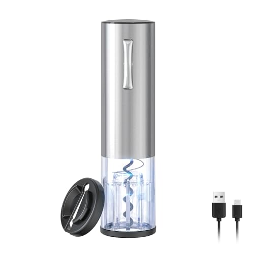 VinoLux Compact Rechargeable Wine Opener – Electric Corkscrew with Foil Cutter, LED Light, Stainless Steel Shell & Transparent Window