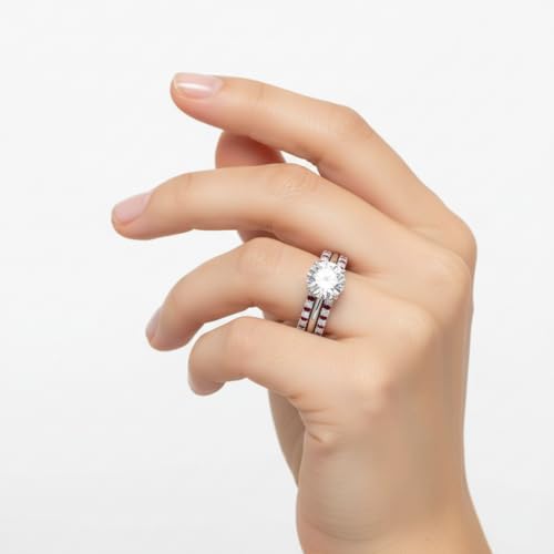 Image of Choose Your Gemstone Hidden Diamond CZ Wedding Set 925 Sterling Silver Round Shape Wedding Ring Sets Minimal Modern Design Birthday Gift Wedding Gift US Size 4 to 12