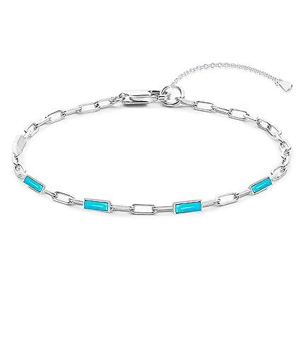 WSX Echtes Türkis Armband Damen 925 Sterling Silber Paper Clip Kette Blauer Grüner Rechteckstein Dezember Geburtsstein Schmuck für Sie