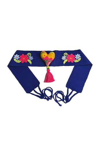 Handmade Mexican Belt with Embroidered Butterflies, blue with yellow Heart Tassel and side embroidery, Traditional Design