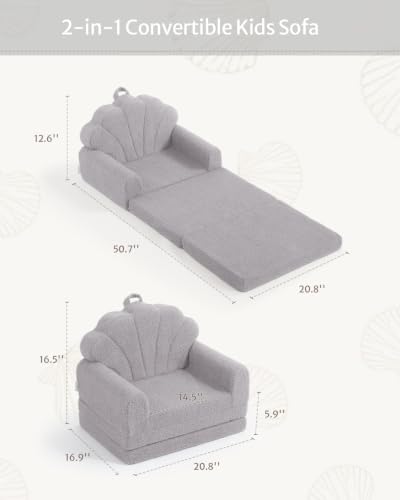Image of Blissful Diary Foldable Kids Couch, 2-in-1 Kids Sofa Chair, Gray Shell | 50.8 inch Fold-Out Play Area, Supportive Foam, Washable Cover, Carry Handle, Pre-Assembled, Kid-Safe Zipper