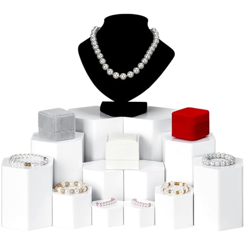 Image of Jetec 24 Pcs Hexagonal Jewelry Display Risers Hexagonal Market Display Risers Stands Acrylic Showcase Acrylic Stand for Jewelry Model Figures Decoration, 6 Sizes (White)