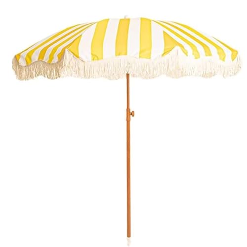 Boho-Gartenschirm im Gelb-Streifen-Design, 200 cm, neigbarer Outdoor-Strandschirm mit Fransen, LSF...
