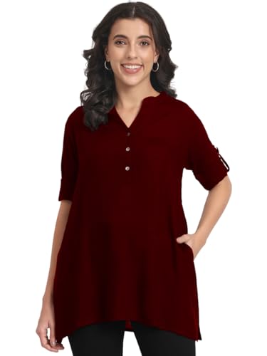 Image of Women's Roll-Up Sleeve Tunic Top, V-Neck with Button Front, Side Pockets, Rayon Short Kurti