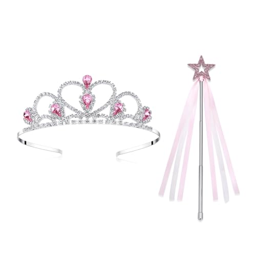Tiara de princesa roja de metal que no se rompe con varita de cristal ajustable