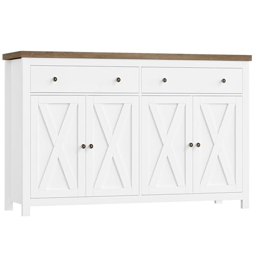Image of FOTOSOK Sideboard Buffet Cabinet with Storage, 55" Large Kitchen Storage Cabinet with 2 Drawers and 4 Doors, Wood Coffee Bar Buffet Table Console Table for Kitchen Dining Room, White