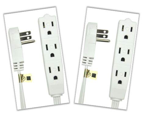 Electes 20 Feet Extension Cord/Wire, 3 Prong Grounded, 3 outlets, Angled Flat Plug, UL Listed, White {2 Pack}