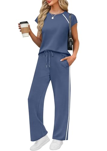 PRETTYGARDEN Two Piece Sets for Women 2026 Summer Vacation Outfits Cap Sleeve Tops Lounge Pants Matching Set Fashion Clothing (Dusty Blue Large)