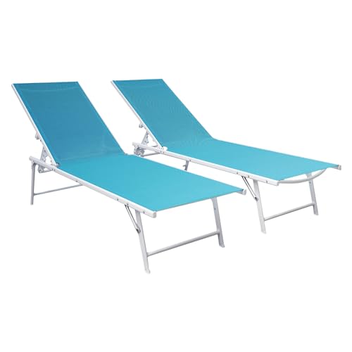 Happy Garden Lot de 2 Bains de Soleil pliants Sicilia en textilène Bleu Clair - Structure Blanche. Bain de Soleil d'extérieur en Acier 5 Positions.