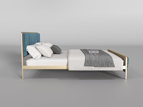 Image of Modern Upholstered Double Size Bed for Bedroom | Metal Double Bed | Platform Cot Bed with Upholstery Premium Fabric | 6.5 x 4 Ft | Powder Coated Metal Bed | Turquise