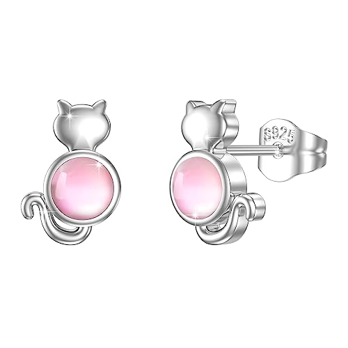 PERZAT Pendientes de gato de plata 925 colgantes joyas para mujeres niñas gatos enchufe cristal joyas gatos regalos para mujeres mujeres adolescentes niñas, Plata de ley, Piedra de luna