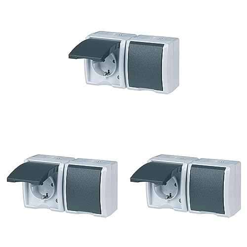 REV AquaForm, Doppelsteckdose-Feuchtraumsteckdose, IP44, einpolig, Aufputz, grau (Packung mit 3)