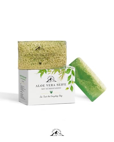 Sapone Aloe Vera con fibre di zucca [140 g] – Sapone naturale 2 in 1 e sapone esfoliante per viso e corpo | Fatto a mano, vegano e senza parabeni | Pulizia profonda per acne e imperfezioni della pelle