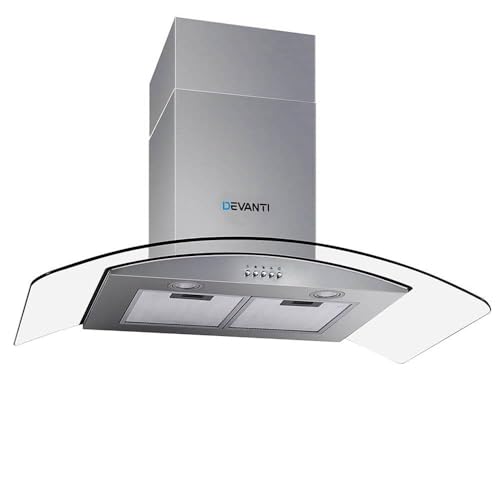 Devanti Range Hood 90cm 900mm Rangehood Kitchen Canopy Chimney Wall Mount, Stainless Steel Knob Control Tempered Glass, 3 Speed Exhaust Fan Aluminium Filters LED Lights Silver