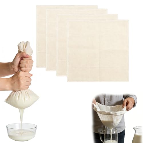 Juego de 4 Paños de Queso Reutilizables de Algodón sin Blanquear, 50x50 cm y 60x60 cm - Filtros para Queso Casero, Yogur y Zumo de Verduras, Ideal para Filtrar Alimentos