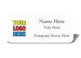 Custom Name Tag with Logo - Personalized Name Badge with Magnet Backing - Choose Your Size and Color (White Metal 3'x1.25' - Logo on Left)
