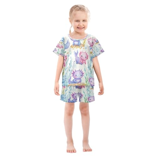 Pajama Sets Short Sleeve Watercolor Cute Axolotl Pattern Soft Cotton Summer Sleepwear 2 Piece PJS Size 5-14T4