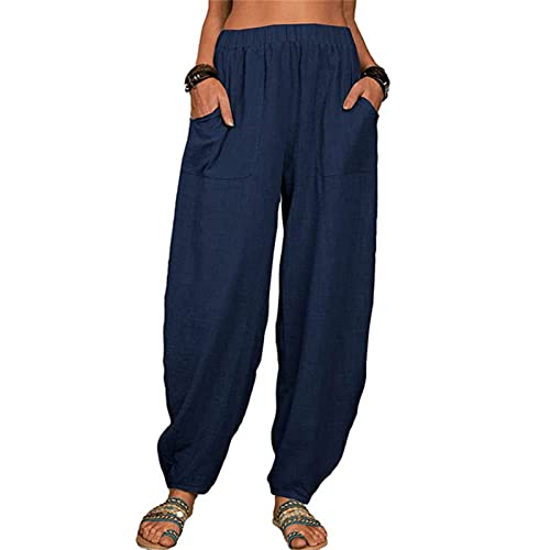 Maiyifu-GJ Women's Baggy Linen Wide Leg Pants Elastic Waist Casual Loose Long Trousers High Waisted Comfy Lounge Pant (Dark Blue,Medium)