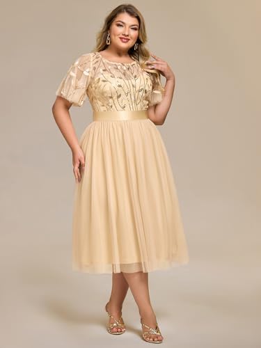 Image of Ever-Pretty Plus Women's Round Neck Embroidery Short Sleeves Sequin Tulle Midi Plus Size Cocktail Wedding Guest Dresses Gold US20