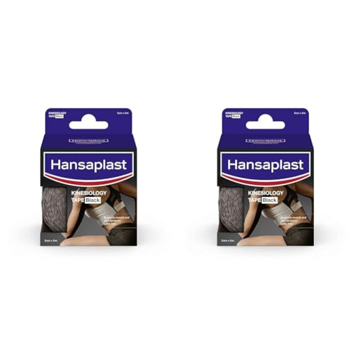 Hansaplast Kinesiologie Tape, wasserfestes Sport Tape lindert Muskelschmerzen und fördert die Durchblutung*, Tape bietet Unterstützung für Gelenke und Muskeln*, 1 Rolle, Schwarz (Packung mit 2)