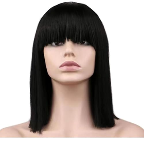 Image of Tressed Up Bob Wig with Bangs Straight Short Black Bob Wig with bangs Short Bob Wigs For Black Women Natural Looking for Daily Party Use (14 inches /black)