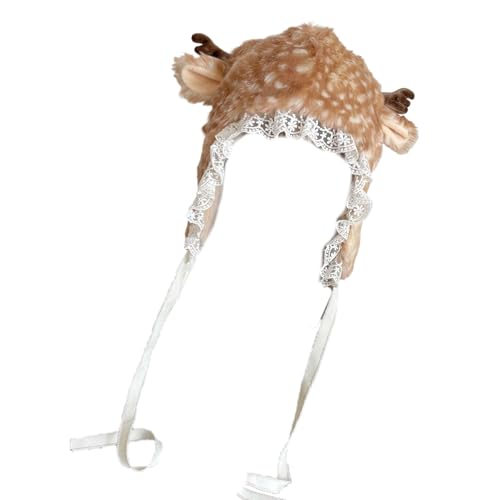 Furry Leg Warmer for Girls Cartoon Deer with Lace Brim Oversized Headgear Lovely Hat Cosplay Photo Props4