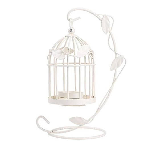 Innovador Ahueca hacia Fuera el candelabro Colgante Forma de Jaula de Hierro Candelero con Hojas Decoración Adorno doméstico(Blanco)