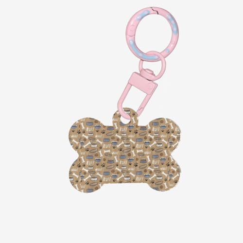 Simpatica ciotola a forma di osso per cani con stampa di zampa di Woof, 1 targhetta identificativa a forma di osso per cani su entrambi i lati, con portachiavi per animali
