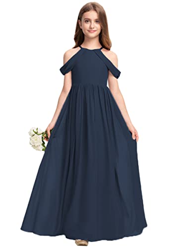 M_RAC Off-Shoulder Junior Bridesmaid Dresses Long Wedding Flower Girl Dress for Teen Girls Party Pageant Gowns Chiffon 2 Navy