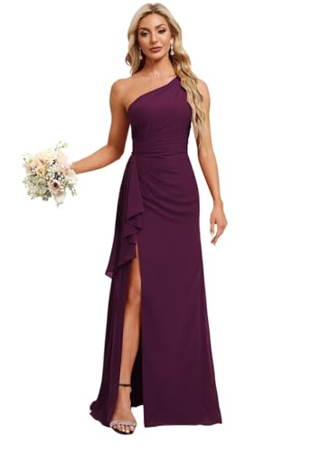 Women's One Shoulder Long Bridesmaid Dresses with Silt 2025 Pleated Aline Formal Evening Dress PU146