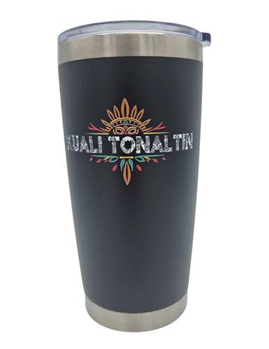Kuali Tonaltin 20oz Stainless Steel Insulated Tumbler, Leak Resistant Lid, Travel, Cup Holder Friendly, Eco-Friendly, Re-Usable, Vaso Para Cafe, Aztec, Nahuatl (Black)