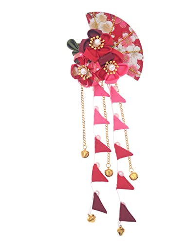 MIAO WU Womens Girls Japanese Kimono Flower Hair Clip, Kanzashi Decor Hair Pin Hair Ornament Tie Band Clip Hanfu Accessories (Red)