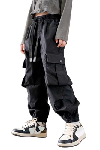 Image of AOWKULAE Girls Casual Cargo Pants for Kids Drawstring Elastic Waist Jogger Pants 6-14 Years