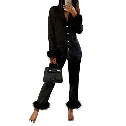 Womens Blazer Set Long Sleeved Lapel Blazer+ High Waist Wide Leg Pant Cuff Feather Trim