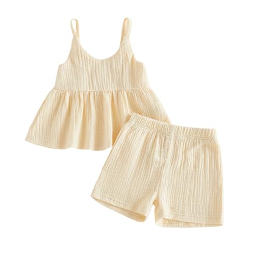 FYBITBO Toddler Baby Girl Summer Clothes Solid Color Halter Dress Shirt Tank Top and Casual Shorts Fashion Outfit Set (Beige, 2-3T)