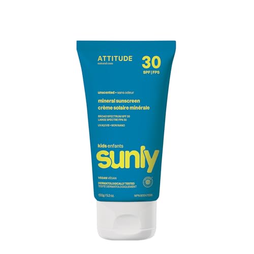 ATTITUDE Mineral Sunscreen for Baby and Kids, EWG Verified, Broad Spectrum UVA/UVB, Dermatologically Tested, Plant and Mineral-Based Formula, Vegan, SPF 30, Unscented, 5.2 Oz