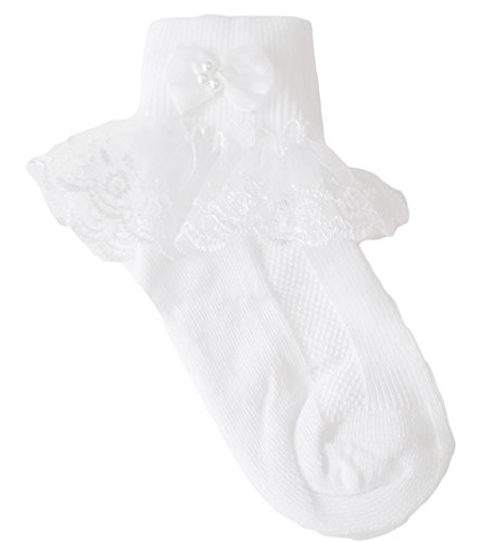 familientrends Baby Mädchen Socken Strümpfe festlich Rüschen Spitze Taufe Hochzeit weiss rosa, Grösse Accessoire:26-30 (4-7 Jahre);Farbe:weiss Rüschen Schleife Cover