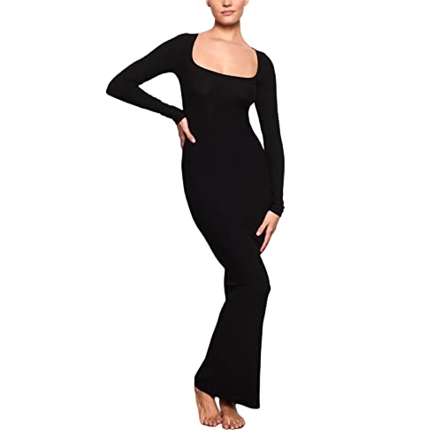 Geagodelia Damen Langarm Maxikleid Figurbetont Sexy Bodycon Partykleid Eng...